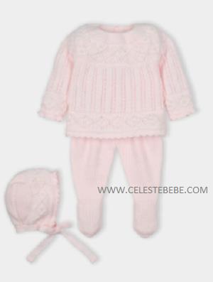 CONJUNTO 3P PUNTO LANA BORDADO ROSA